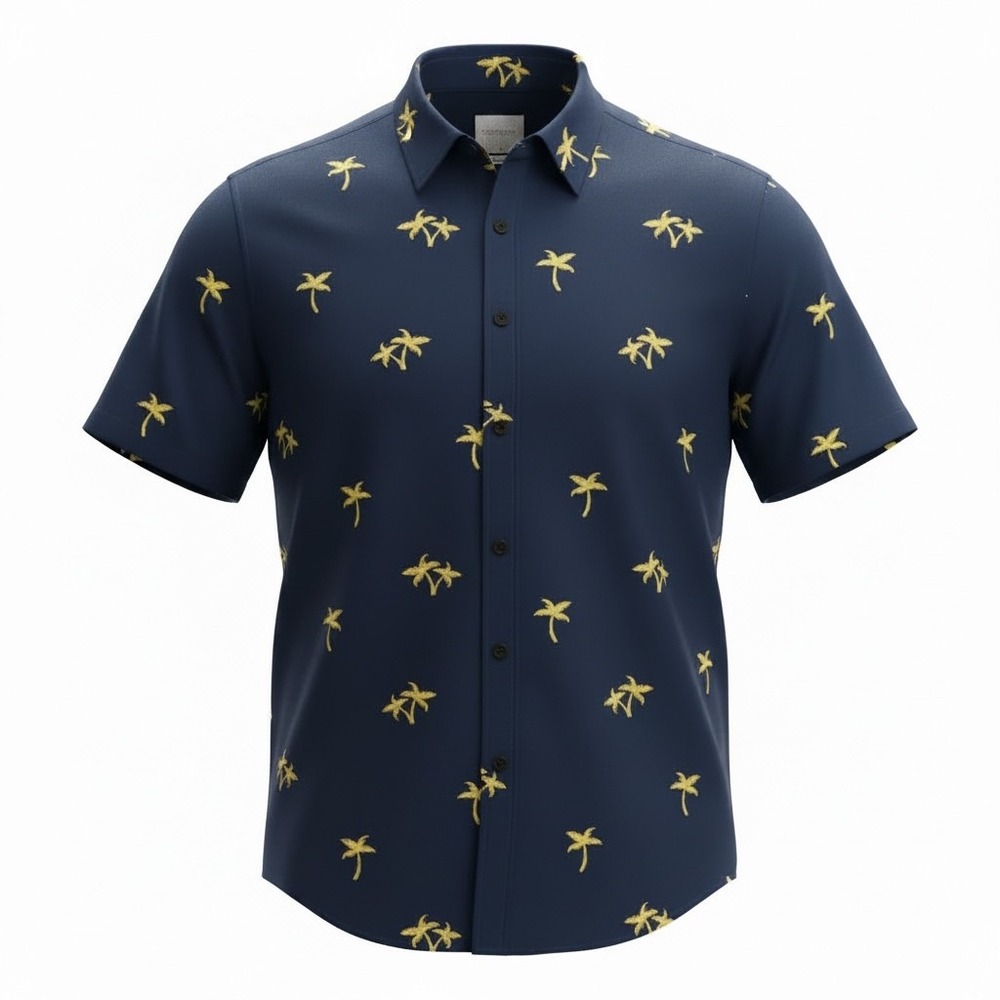 Palm Tree Hawaiian Camp Shirt Mens XL Blue Tropical Resort Vacation Button Front